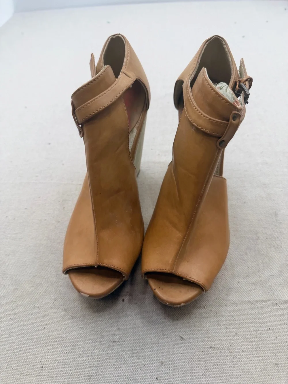 Unlisted Wedge Peep-Toe Ankle Strap Sandal in Tan